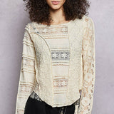 Long Sleeve Round Neck Lace Texture Knit Slim Fit Top
