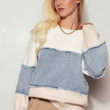 Colorblock Denim Patchwork Knit Sweater