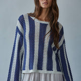 W2481 | Knit Sweater Cotton Acrylic Crochet Striped Top