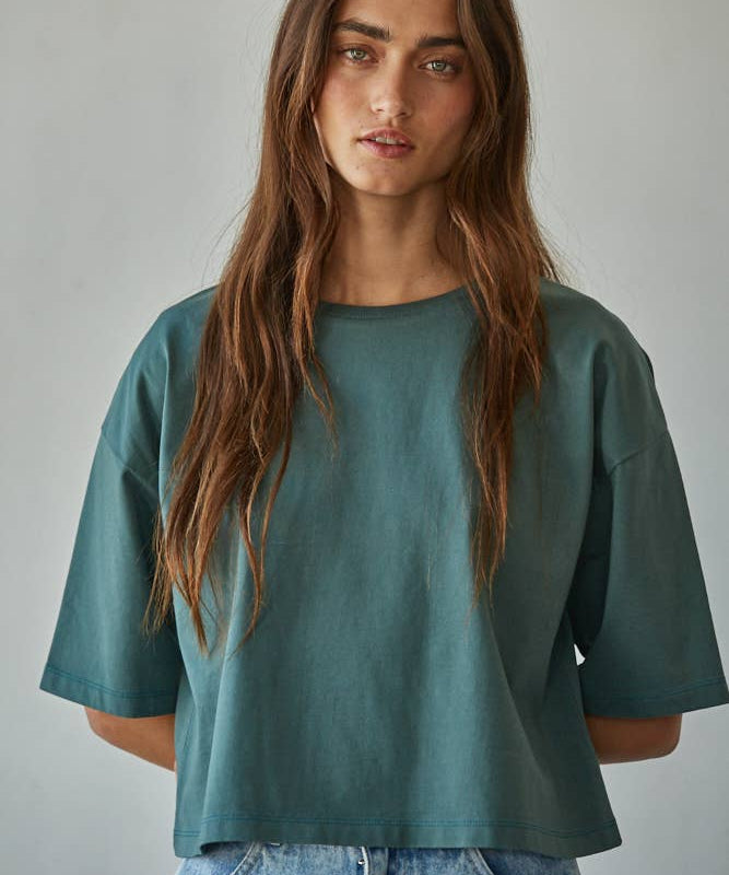 L8688 | Knit Cotton Crew Neck Drop Shoulder Short Sleeve Top