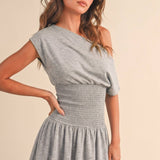 ID9559  OFF SHOULDER SMOCKED WAIST MINI DRESS