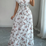 Smocked Waist Cap Sleeve Floral Print Maxi Dress