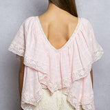 Lace Trim V Ruffle Detail Textured Woven Short Sleeve Top