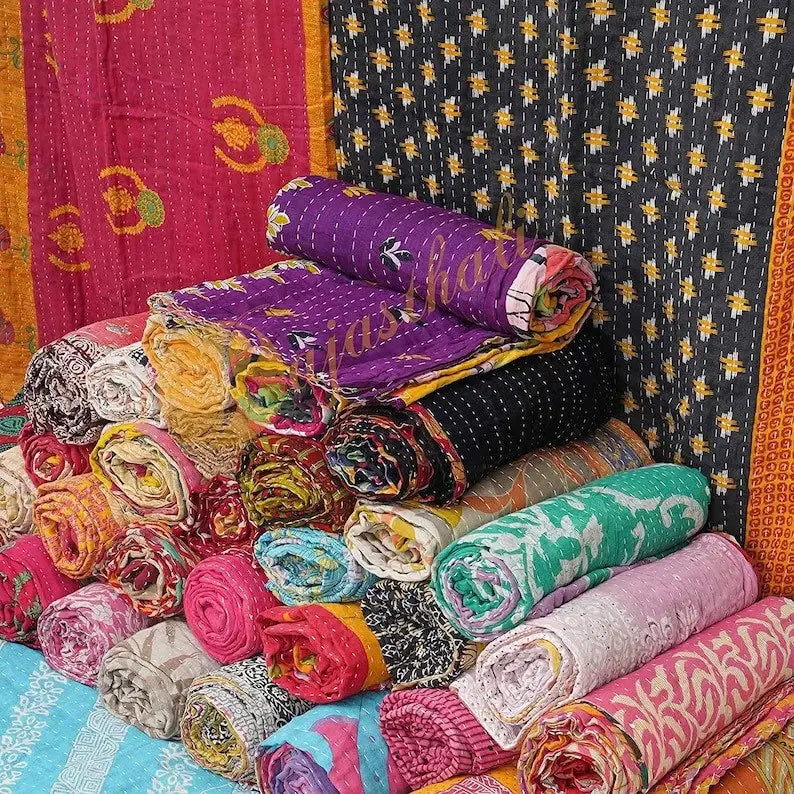 Handmade Indian Kantha Reversible Quilt Blanket