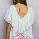 Lace Trim V Ruffle Detail Textured Woven Short Sleeve Top