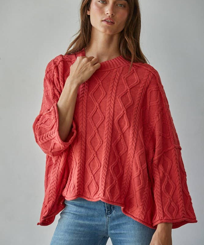 Quarter Sleeve Loose Cable Knit Sweater