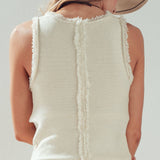 Frayed Trim Textured Knit Sleeveless Top