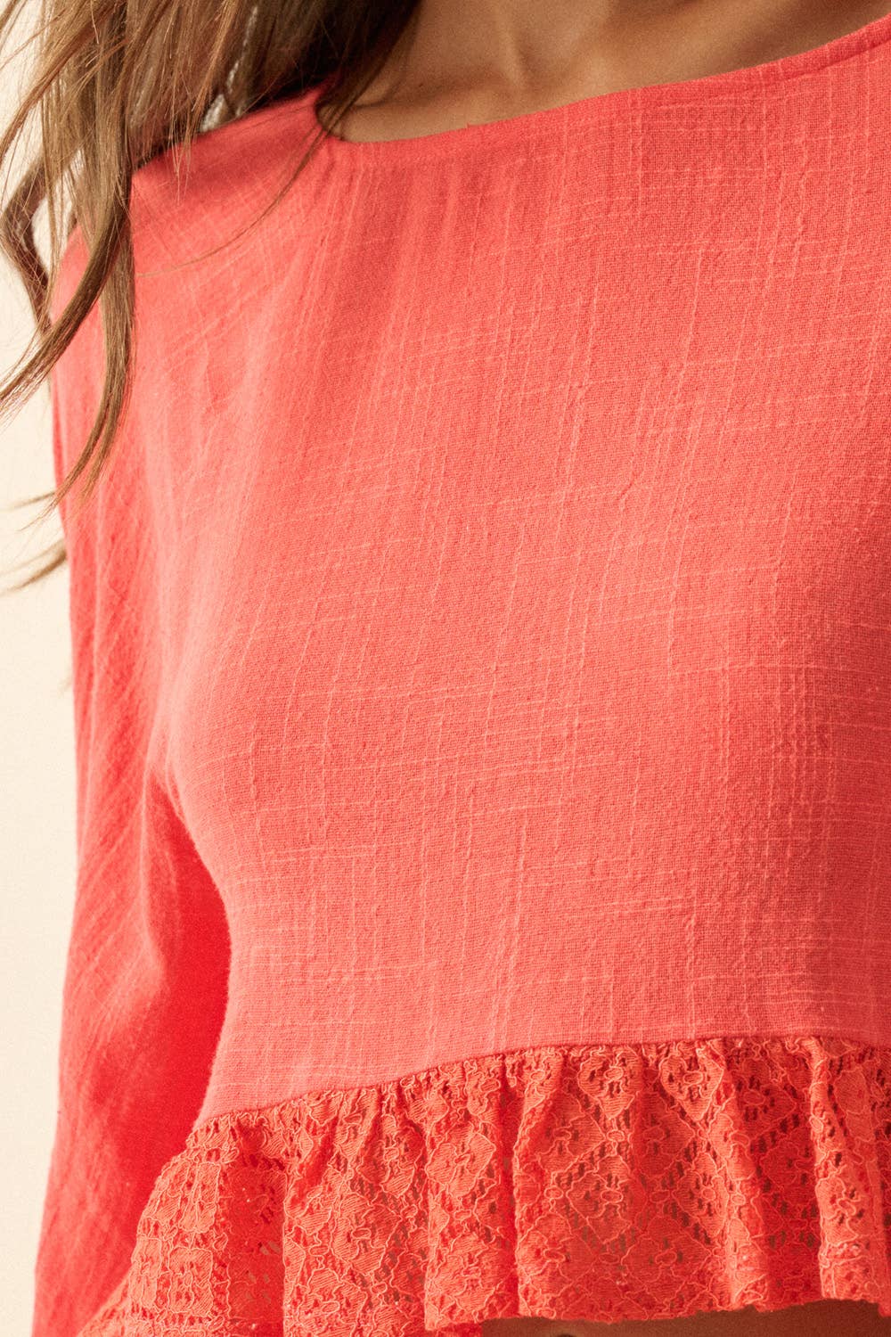 Cotton Gauze and Crochet Lace Ruffle Bell-Sleeve Cropped Top