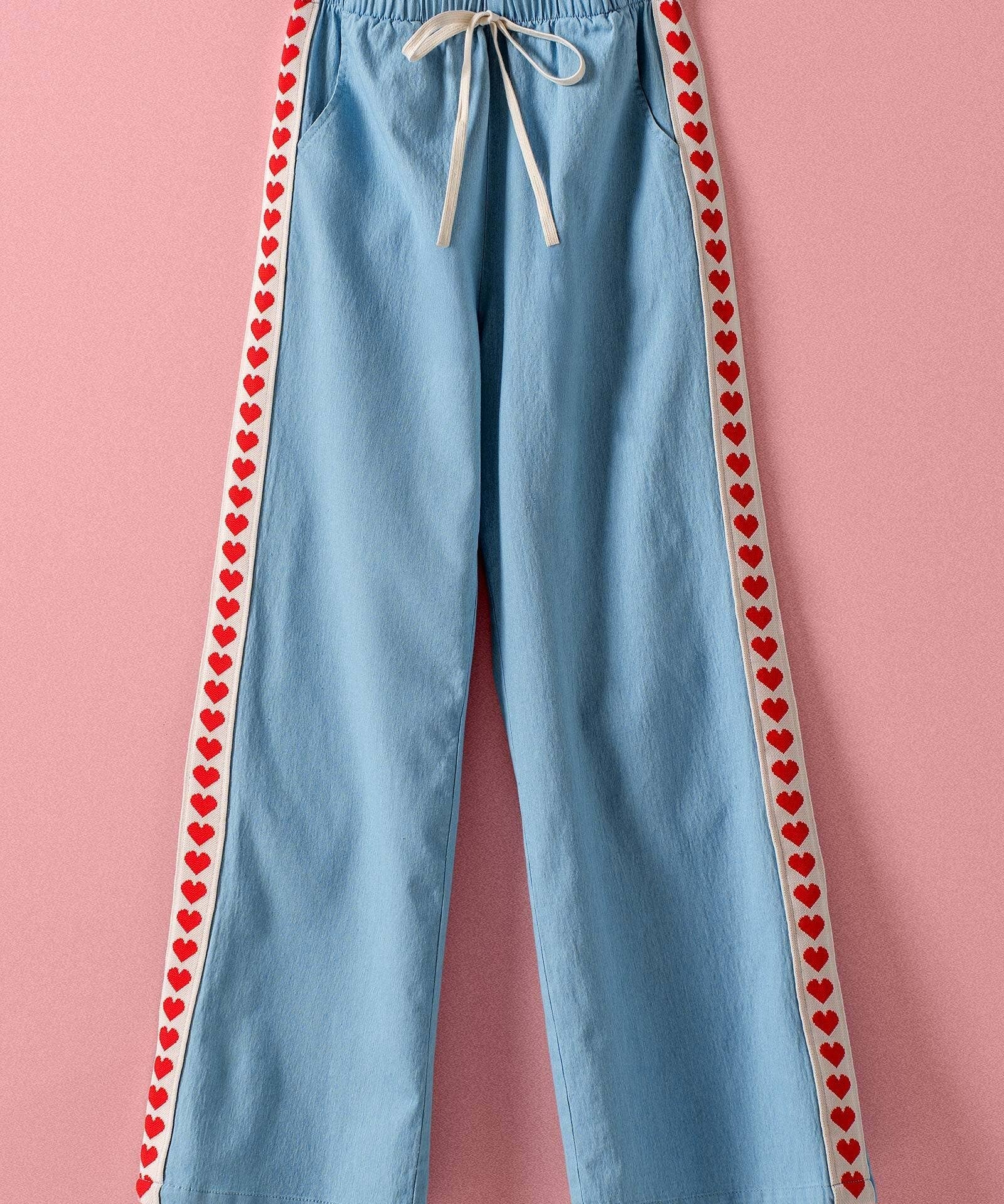 Heart Trim Chambray Wide-Leg Pants