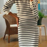 Stripe Ribbed Trim Button Cuff Top Midi Skirt 2pcs Outfit