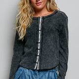 Vintage Washing Solid Metal Button Down Thermal Knit Top