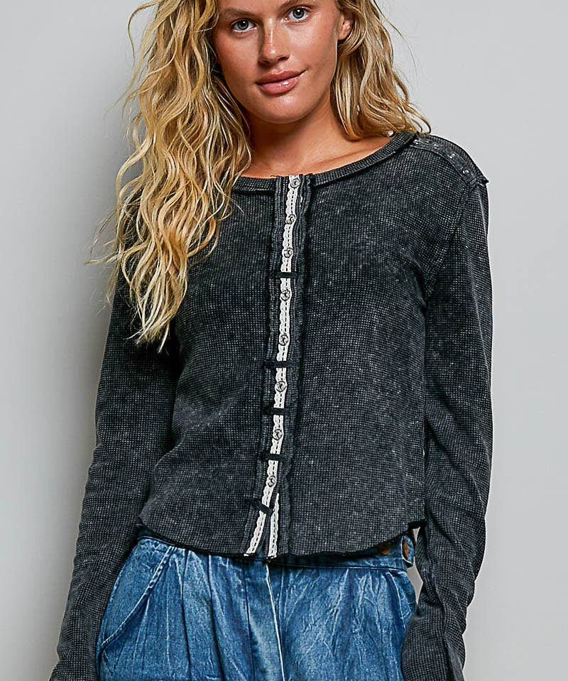 Vintage Washing Solid Metal Button Down Thermal Knit Top