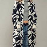 Exaggerated Houndstooth Open Front Knit Cardigan