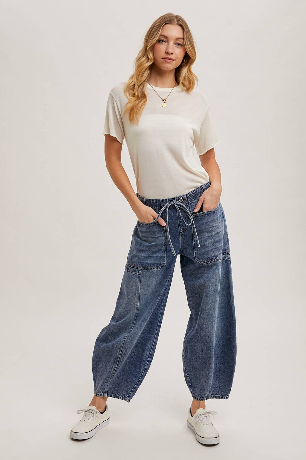 Denim Drawstring Barrel Jeans