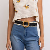 Whipstitch Raffia Belt with Wooden Round Buckle