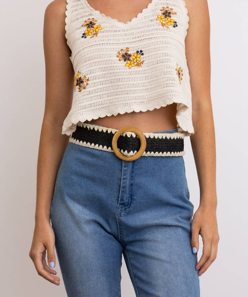 Whipstitch Raffia Belt with Wooden Round Buckle