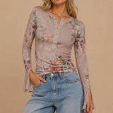 Multi Print Long Sleeve Mesh Henley Top