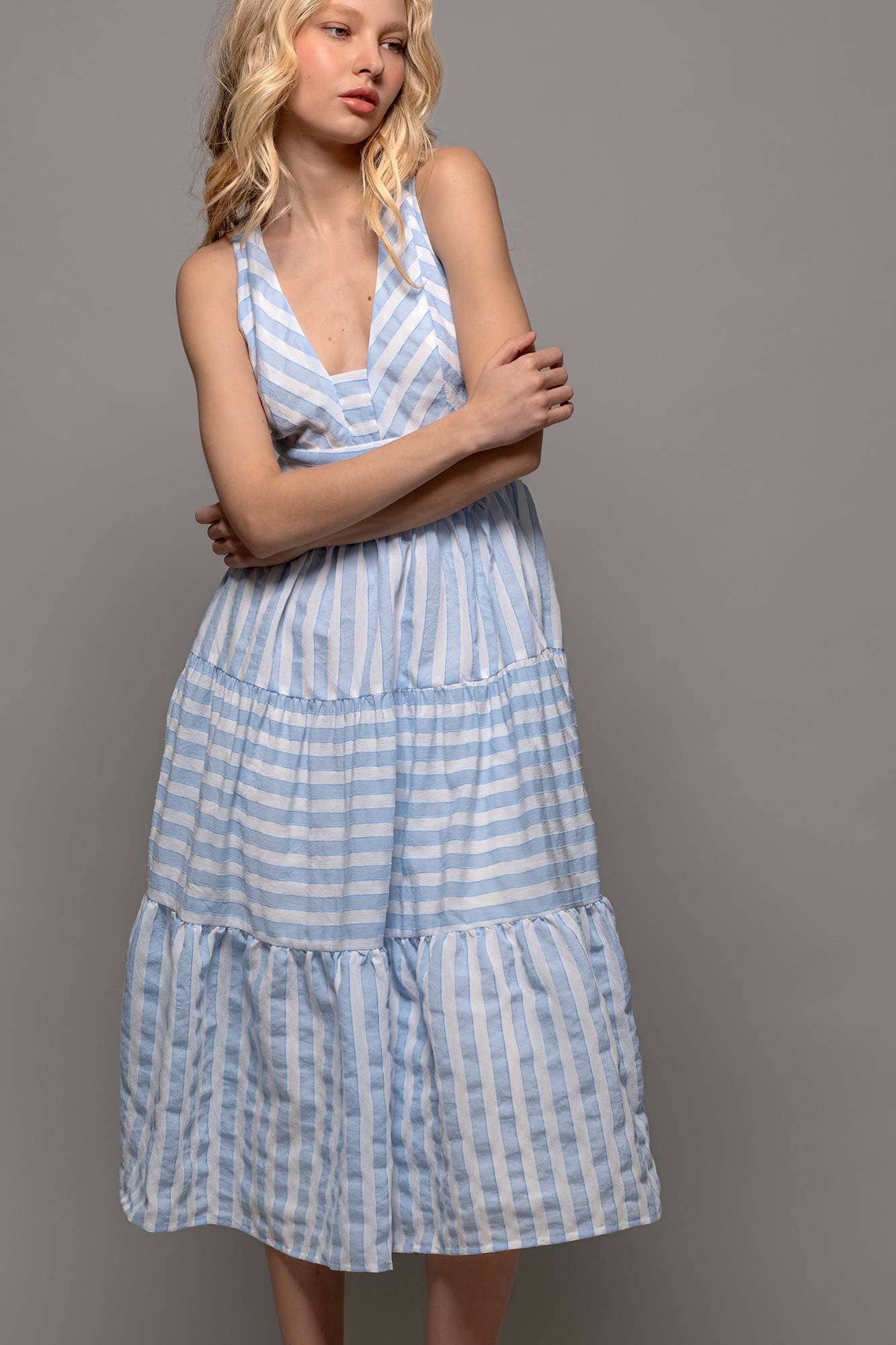 Textured Stripe Cross-Back Tiered Dress