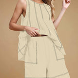 Casual Summer Contrast Stitch Tank Top And Shorts Set