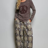 Vintage Washing Solid Peace Stud Outseam Thermal Knit Top