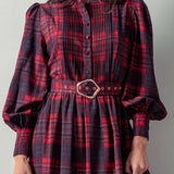 Plaid Belted Layered Button Down Balloon Sleeve Maxi Dress