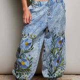 Vintage Floral Artisan Embroidered Twill Jogger Pants