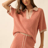 Striped Rib-Knit Collared Split-Neck Top