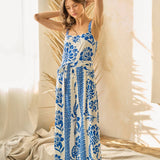 ILR5024 Floral Print Tie Waist Wide Leg Jumpsuit