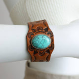 Boho Turquoise Stone Camel Leather Cuff Bracelet