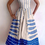 Mackerel print smocked sundress seaside ocean strap dress