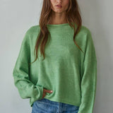 W2114 | Knit Sweater Rolled Round Neck Pullover Top