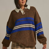 Striped Rugby Polo Sweater With Contrast Collar