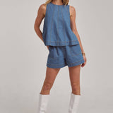 SLEEVELESS DENIM TOP AND MATCHING SHORTS SET