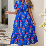 Floral Puff Sleeve V Neck Maxi Dress