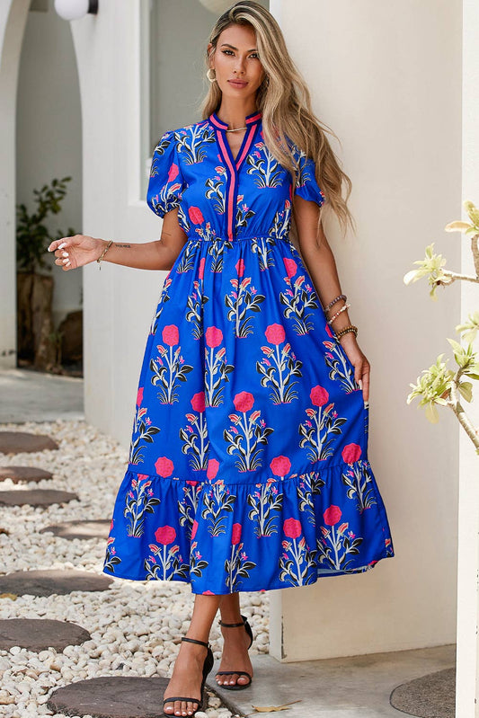 Floral Puff Sleeve V Neck Maxi Dress