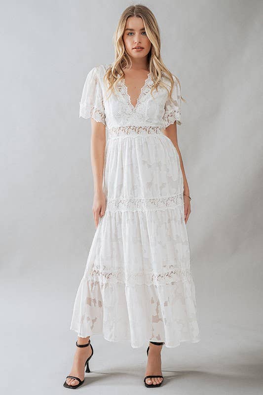 Lace Trim Tiered Deep V-Neck Maxi Dress