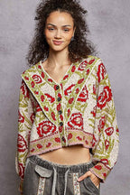 V-Neck Floral Ruffle Button Up Sweater