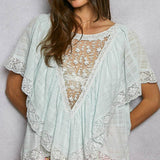 Lace Trim V Ruffle Detail Textured Woven Short Sleeve Top