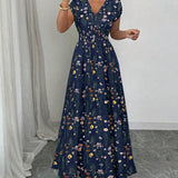 Smocked Waist Cap Sleeve Floral Print Maxi Dress
