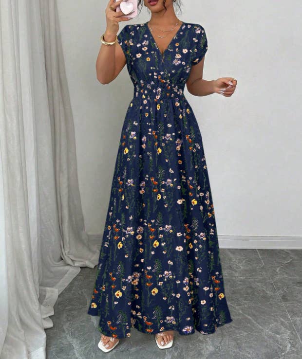 Smocked Waist Cap Sleeve Floral Print Maxi Dress