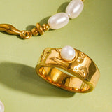 Pave 18K Gold Non-Tarnish Pearl Band Ring