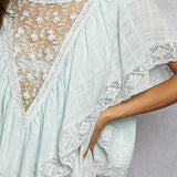 Lace Trim V Ruffle Detail Textured Woven Short Sleeve Top