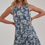 SLEEVELESS DENIM MINI DRESS WITH SCALLOPED EMBROIDERY DETAIL