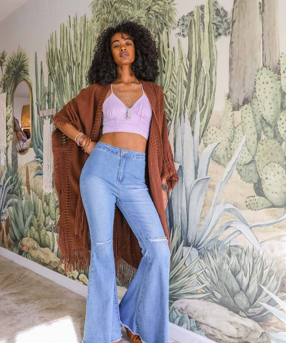 Open Work Frayed Border Bohemian Ruana