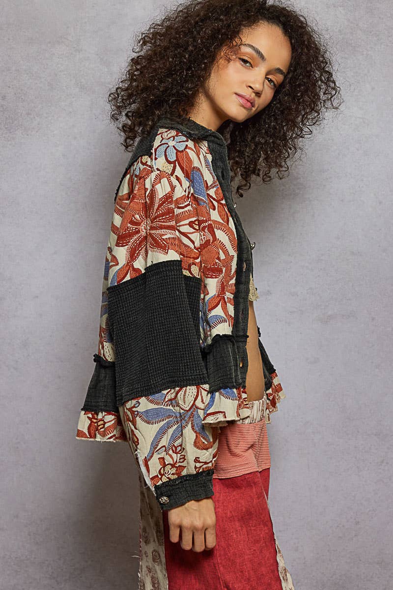 Quilted Floral Raw-Edge A-Line Jacket