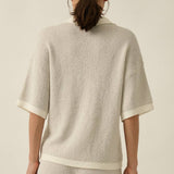 Striped Rib-Knit Collared Split-Neck Top