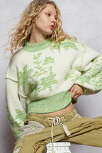 Mock Neck Lime & Cream Cropped Sweater