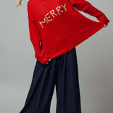 Textured "Merry" Graphic Boxy Turtleneck