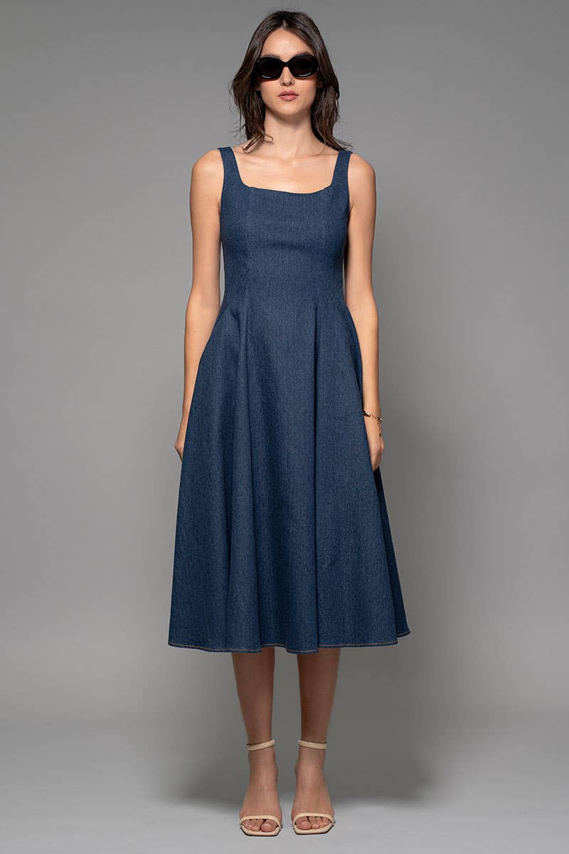 Square Neck Denim A-Line Midi Dress