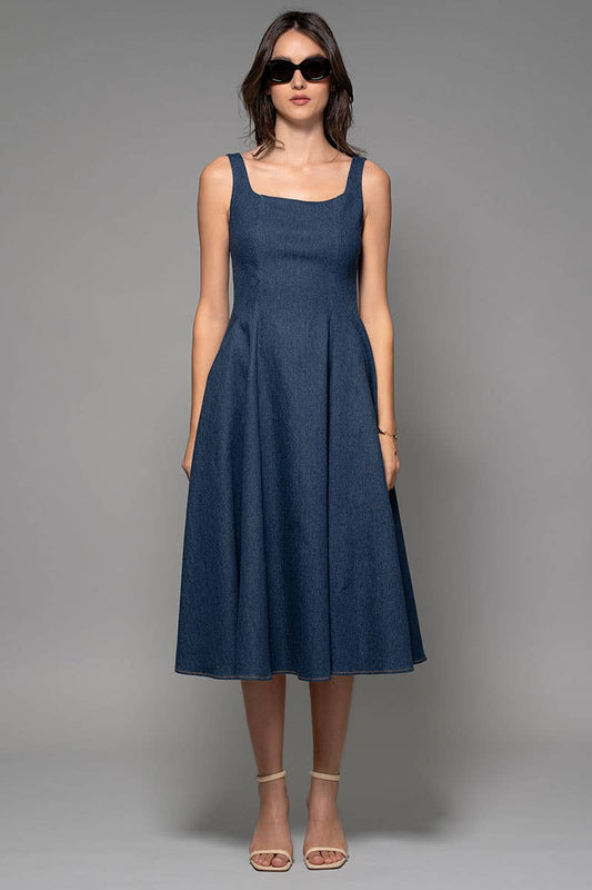 Square Neck Denim A-Line Midi Dress